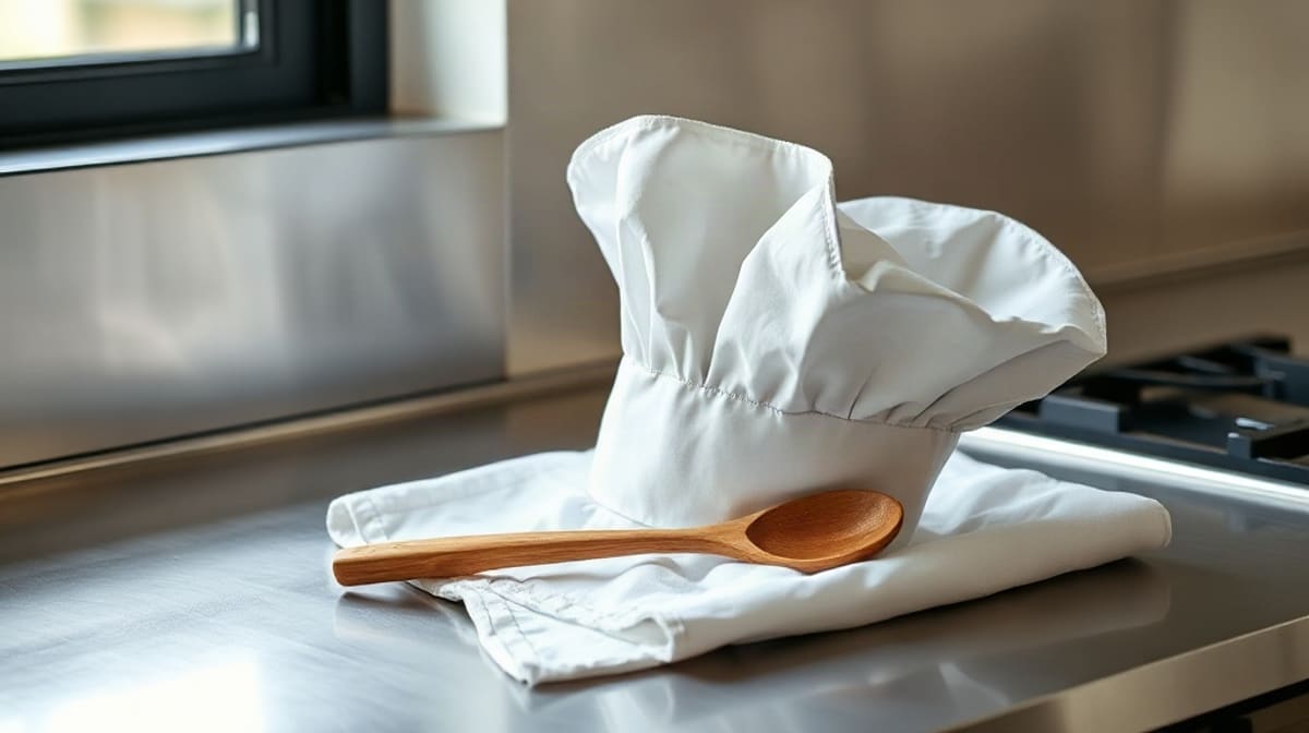 Tablier de cuisinier plié et toque blanche posés sur un plan de travail en inox