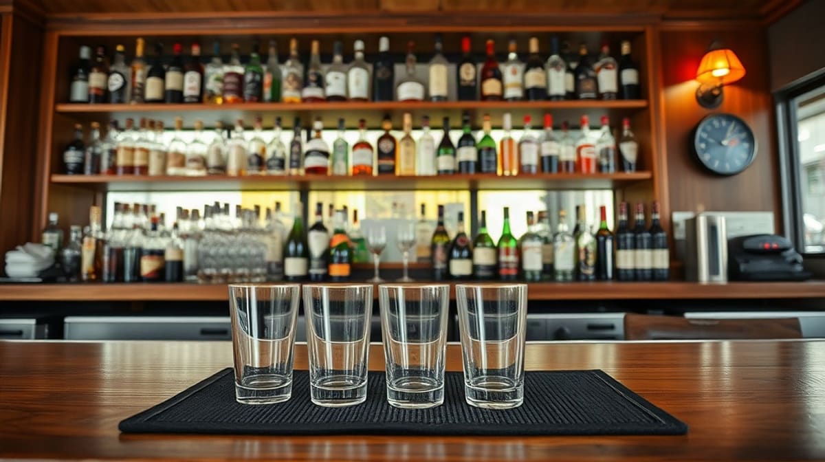 Comptoir de bar vide avec bouteilles d’alcool sans étiquette alignées sur les étagères