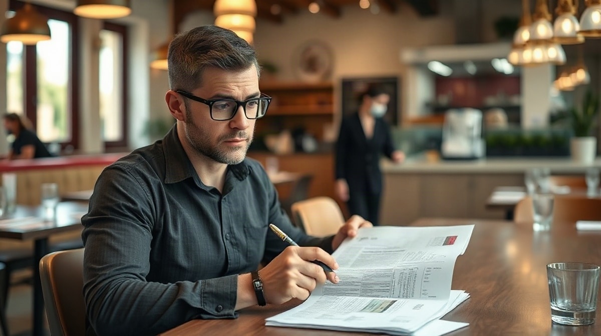 Restaurateur examinant des documents imprimés avec un stylo à table