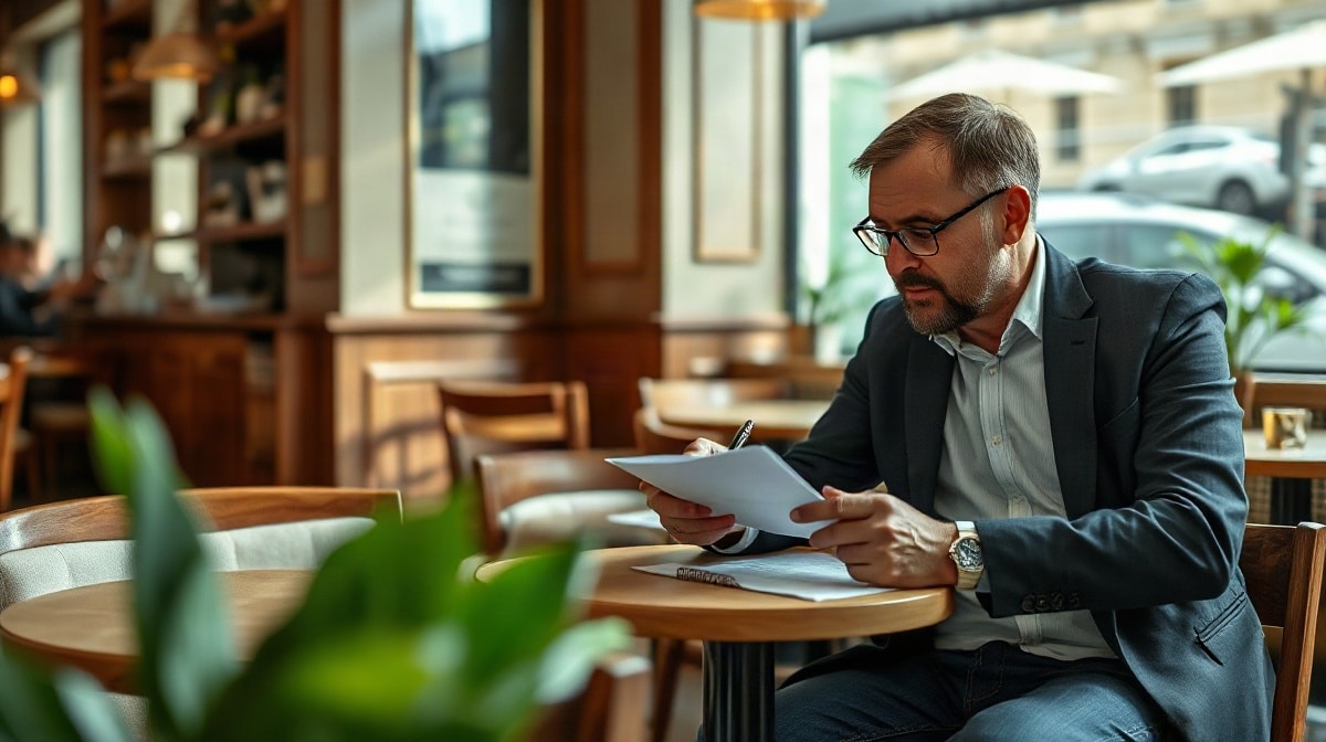 Restaurateur et conseiller examinent un document avec un stylo au café