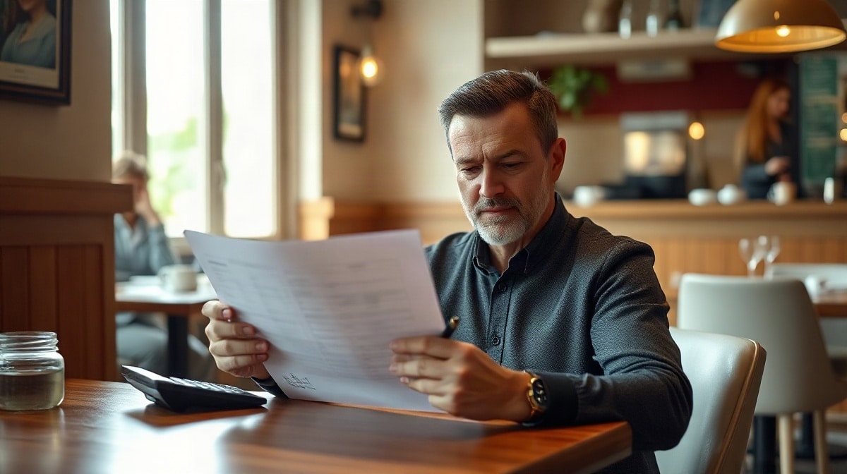 Restaurateur français examinant des documents vierges à table avec une calculatrice devant lui