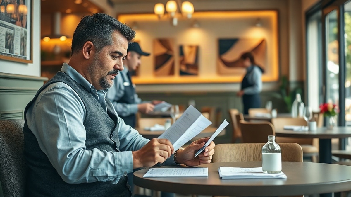 Propriétaire de restaurant examinant des fiches de paie avec un stylo