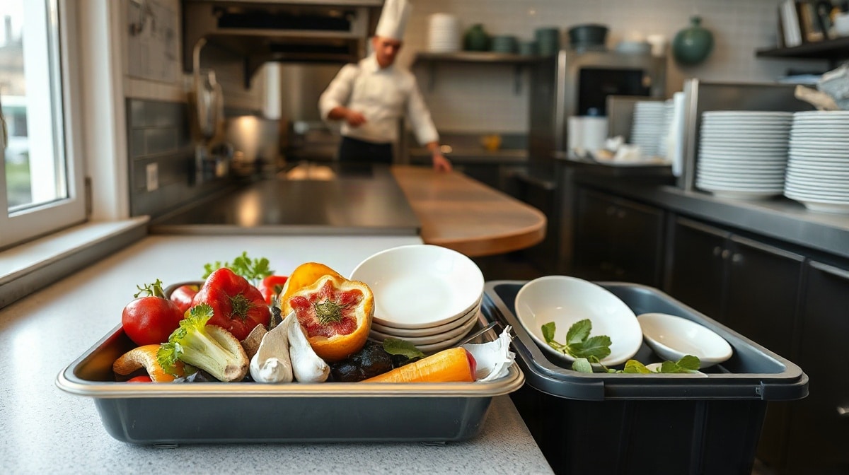 Restes de plats et légumes triés dans un bac près d’une plonge