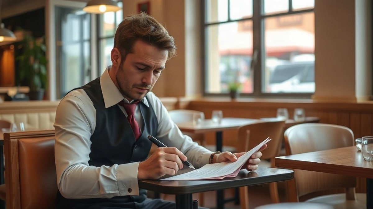 Serveur assis examinant des documents, responsable debout à côté
