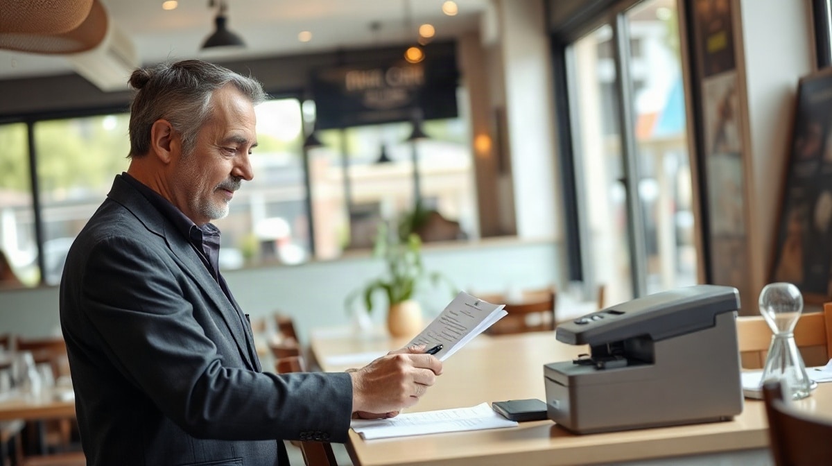 Responsable de restaurant examinant des documents imprimés au comptoir de service