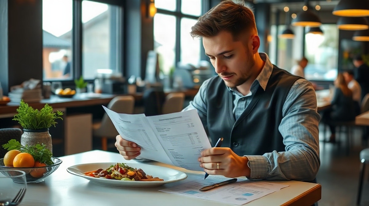 Restaurateur examinant des factures vierges et des calculs manuscrits à table