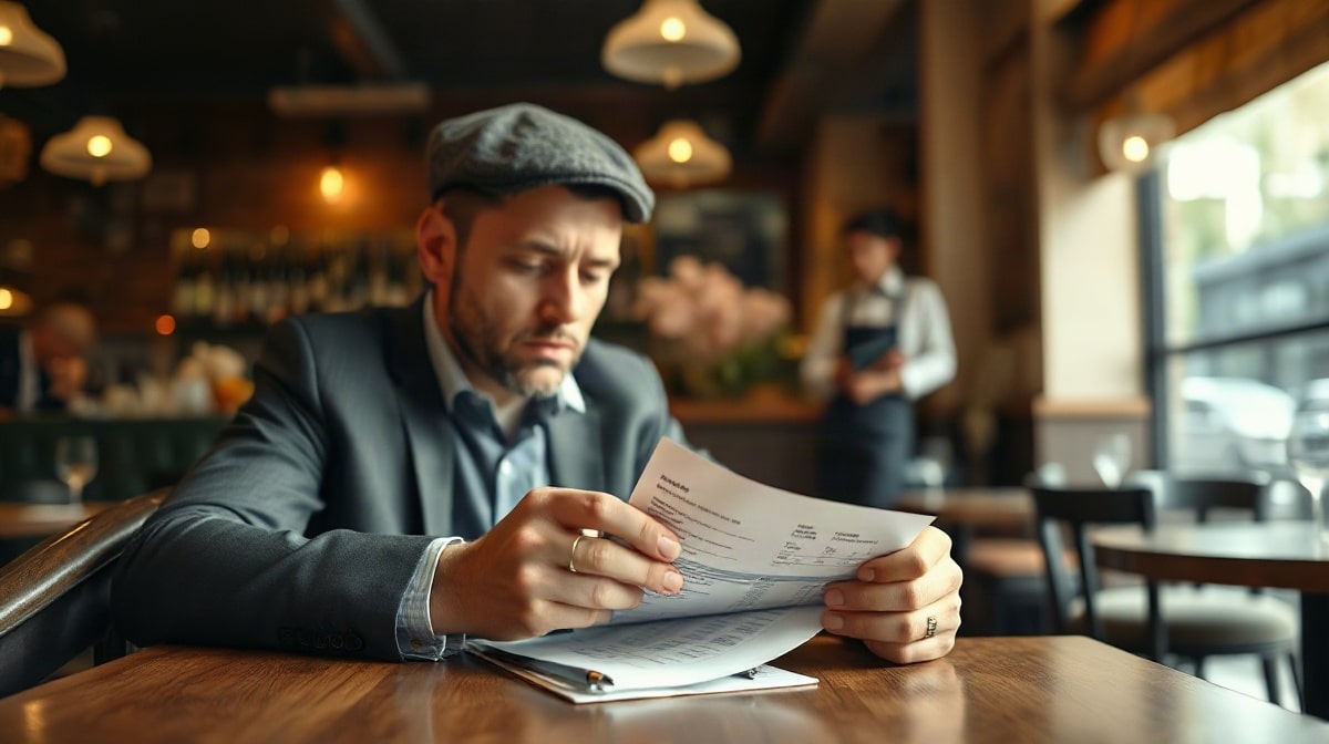 Client assis examinant une addition au restaurant, serveur flou en arrière-plan