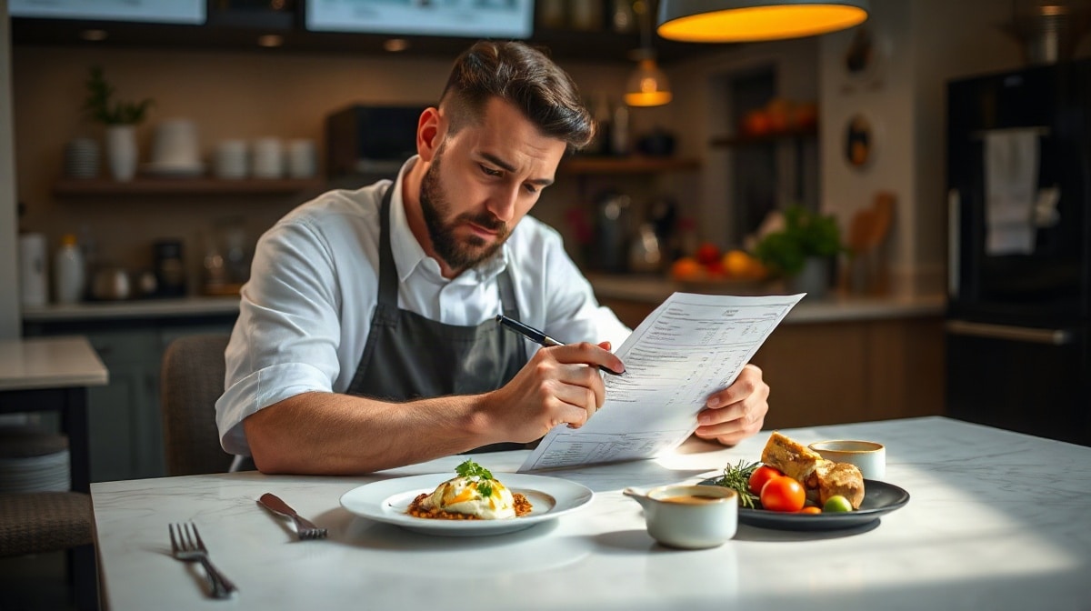 Restaurateur examinant des documents avec un stylo, près d’un plat dressé