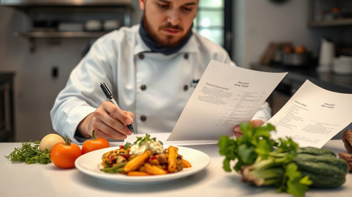 Chef comparant des ingrédients frais, un plat et des documents vierges