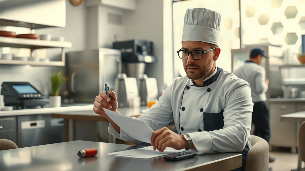 Chef cuisinier français assis à table, examinant des papiers avec un stylo