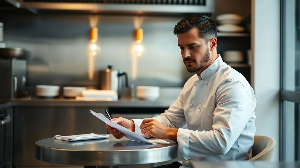 Cuisinier français assis examinant une fiche de paie avec un stylo