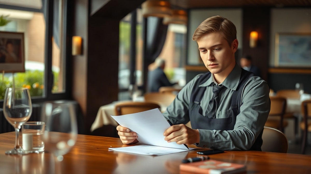 Serveur en uniforme examinant des documents à une table du restaurant