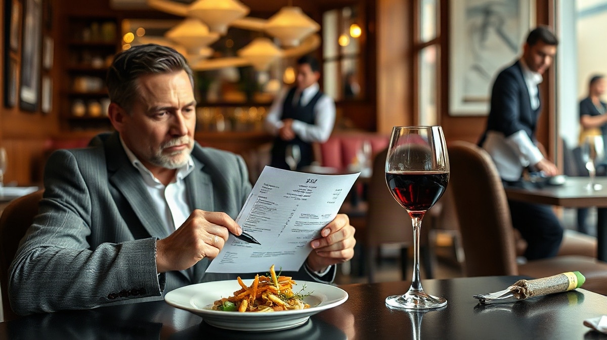 Client assis examine une addition papier, repas et verre de vinядом