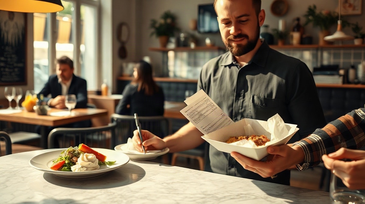 Restaurateur comparant un plat servi et un repas emballé