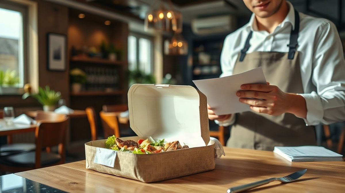 Personne examinant des factures près d’un repas emballé au comptoir
